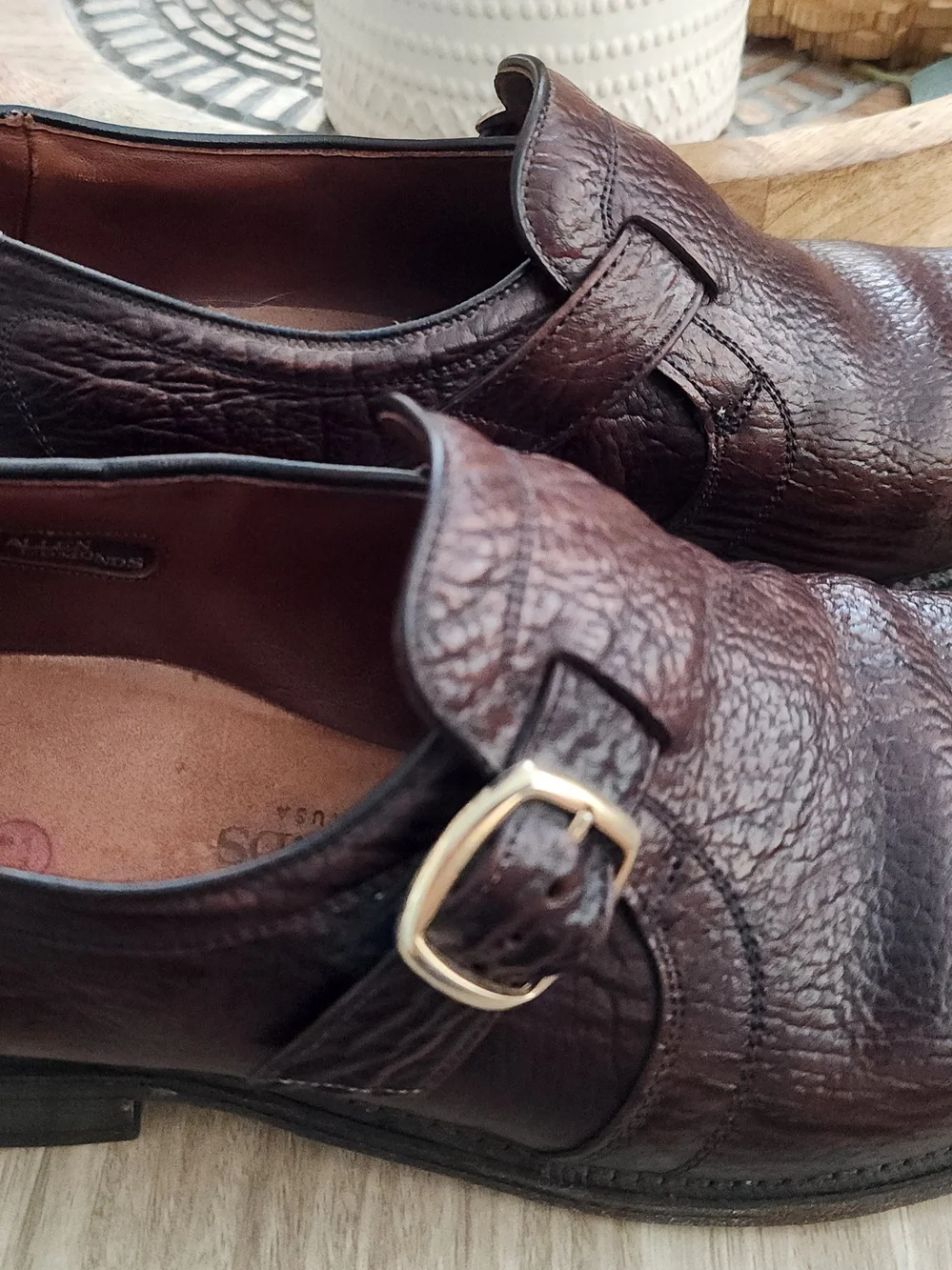 Vintage Allen Edmonds Warton Sharkskin Monk Strap Shoes Brown 8.5 E Wide 5579